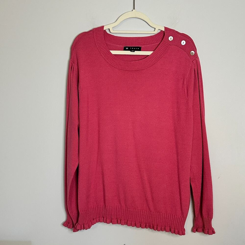 N Touch Crew Neck Sweater Womens Plus Size 1X Pink Button Shoulder Pullover